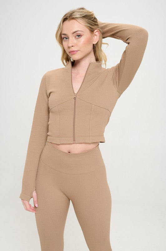 Seamless Ribbed Tracksuit Zip-up Two-Piece Set