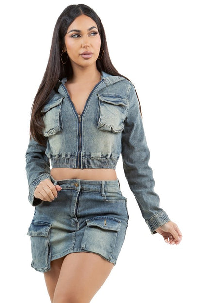 FASHION DENIM TWO PIECE SKIRT SET